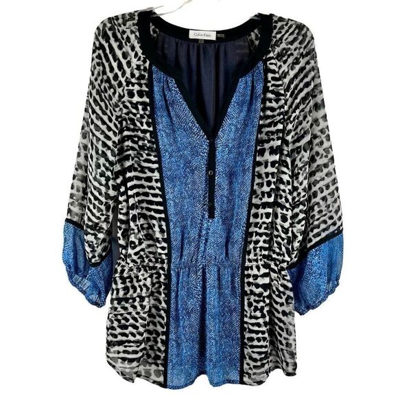 Calvin Klein Animal Print Color Block Flowy Semi-Sheer Blouse Large - Picture 1 of 11